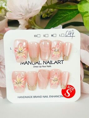 Handmade Pink Floral Press-On Nails with Gold Tips - Size xs,s,m,l